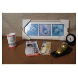 Mixed Lot: Rainbow Fish Panel Art, Shower Head, Electric Razor, Barber Tool & Combs, Desk Clock