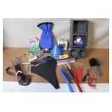 Automotive Accessory Lot with Cup Holder, Mud Flaps, Funnels, Spark Plugs, Brushes and Tools
