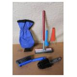 Automotive Accessory Lot with Cup Holder, Mud Flaps, Funnels, Spark Plugs, Brushes and Tools