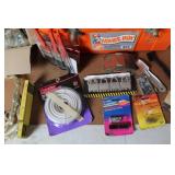 Toolbox with Safety Goggles, Face Masks, Paint Brushes, Chains, Locks, and Assorted Hardware