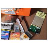 Toolbox with Safety Goggles, Face Masks, Paint Brushes, Chains, Locks, and Assorted Hardware