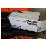 Toolbox with Safety Goggles, Face Masks, Paint Brushes, Chains, Locks, and Assorted Hardware
