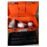 Toolbox with Safety Goggles, Face Masks, Paint Brushes, Chains, Locks, and Assorted Hardware