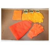 Collection of Knit Work Gloves, Fleece Gloves, Orange Beanie, and Neck Warmer