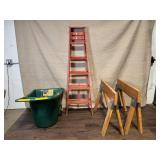 Yard Cart, Red Step Ladder, and Pair of Wood Sawhorses