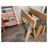 Yard Cart, Red Step Ladder, and Pair of Wood Sawhorses
