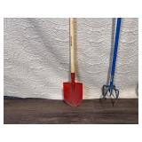 Lot of 3 Garden Tools and 2 Wooden Bar Stools