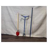 Lot of 3 Garden Tools and 2 Wooden Bar Stools
