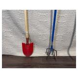 Lot of 3 Garden Tools and 2 Wooden Bar Stools