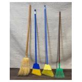 Set of 4 Cleaning Tools with Brooms and Small Garden Rake