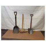 Set of 2 Vintage Shovels and 1 Pick Mattock Hand Tools