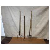Set of 3 Vintage Pitchforks and Cultivator Hand Tools with Wood Handles