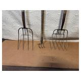 Set of 3 Vintage Pitchforks and Cultivator Hand Tools with Wood Handles