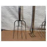 Set of 3 Vintage Pitchforks and Cultivator Hand Tools with Wood Handles