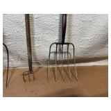Set of 3 Vintage Pitchforks and Cultivator Hand Tools with Wood Handles