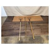 Set of 3 Vintage Pitchforks and Cultivator Hand Tools with Wood Handles