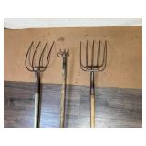 Set of 3 Vintage Pitchforks and Cultivator Hand Tools with Wood Handles