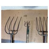 Set of 3 Vintage Pitchforks and Cultivator Hand Tools with Wood Handles