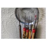 Vintage Mixed Lot of Ice Fishing Poles, Reels, Floats, & Ice Scoop