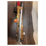 Vintage Mixed Lot of Ice Fishing Poles, Reels, Floats, & Ice Scoop