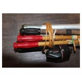 Vintage Mixed Lot of Ice Fishing Poles, Reels, Floats, & Ice Scoop