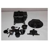 Vintage Cast Iron Toy Queen Stove with Miniature Cookware Set