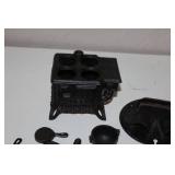 Vintage Cast Iron Toy Queen Stove with Miniature Cookware Set