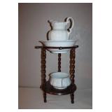Antique Washstand with Porcelain Pitcher, Bowl, and Chamber Pot Set