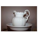 Antique Washstand with Porcelain Pitcher, Bowl, and Chamber Pot Set
