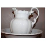 Antique Washstand with Porcelain Pitcher, Bowl, and Chamber Pot Set