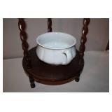 Antique Washstand with Porcelain Pitcher, Bowl, and Chamber Pot Set