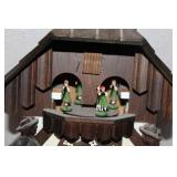 Vintage Black Forest-Style Wooden Cuckoo Clock with Dancing Figures and Pinecone Weights