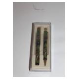 Decorative Pen and Pencil Set with Ornate Green Design in Case