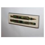 Decorative Pen and Pencil Set with Ornate Green Design in Case