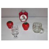 Vintage Red Rooster Alarm Clock with Glassware and Strawberry Containers