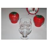 Vintage Red Rooster Alarm Clock with Glassware and Strawberry Containers