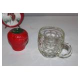 Vintage Red Rooster Alarm Clock with Glassware and Strawberry Containers