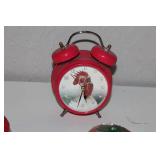 Vintage Red Rooster Alarm Clock with Glassware and Strawberry Containers
