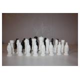 Vintage Black and White Ceramic Chess Pieces Set