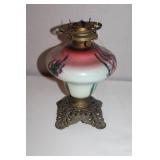 Antique Hand Painted Oil Lamp with Floral Design and Ornate Metal Base