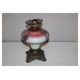 Antique Hand Painted Oil Lamp with Floral Design and Ornate Metal Base