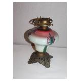 Antique Hand Painted Oil Lamp with Floral Design and Ornate Metal Base