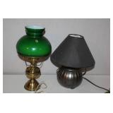 Pair of Table Lamps with Green Glass and Metal Bases