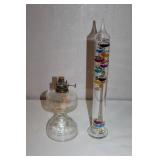 Vintage Glass Oil Lamp and Galileo Thermometer Set