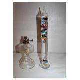 Vintage Glass Oil Lamp and Galileo Thermometer Set