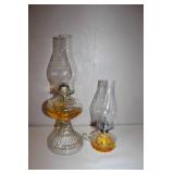 Pair of Vintage Glass Oil Lamps with Chimneys