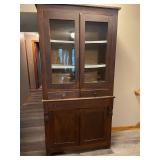 Antique Wooden China Cabinet Hutch with Glass Doors and Drawers