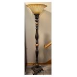 Traditional Torchiere Floor Lamp with Ornate Bronze Base and Glass Shade