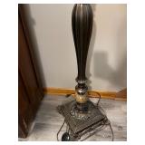 Traditional Torchiere Floor Lamp with Ornate Bronze Base and Glass Shade