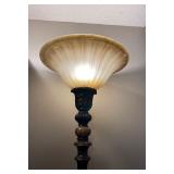 Traditional Torchiere Floor Lamp with Ornate Bronze Base and Glass Shade